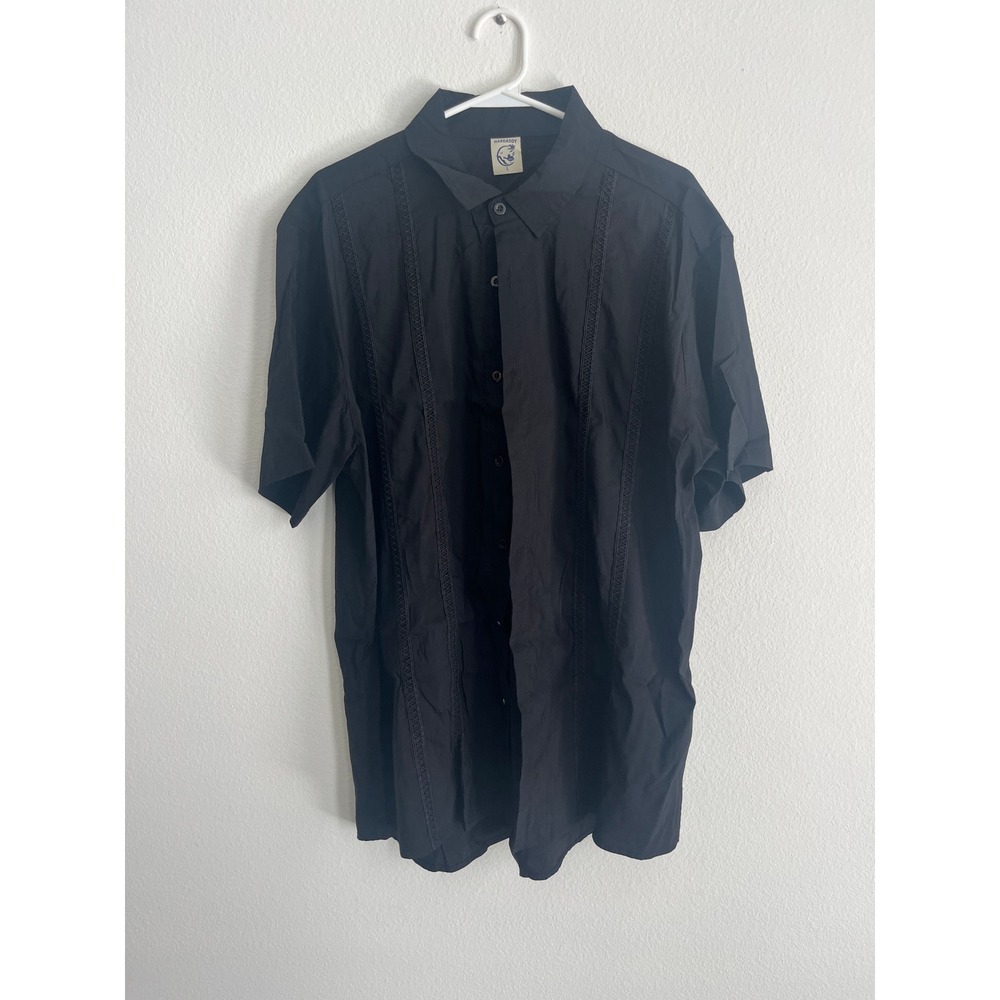 Hardaddy Mens Black Short Sleeve Button Down Shirt Embroidered Lace‎ Guayabera L